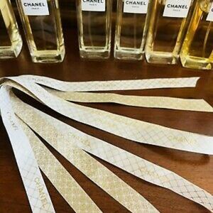 CHANEL White & Gold Lettering Ribbon - Size 1 Yard / 3 Feet Long